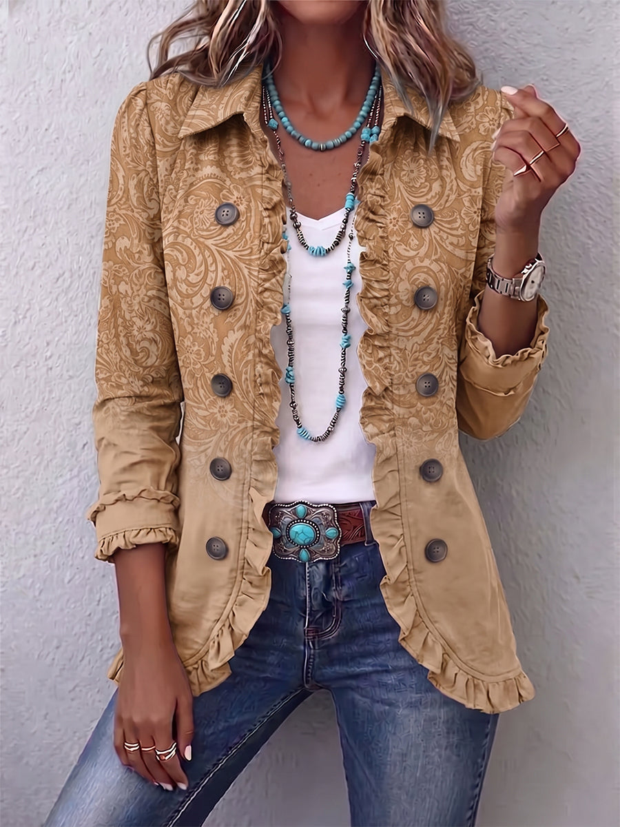 Rosario | Chaqueta Western Estampada Caqui con Volantes