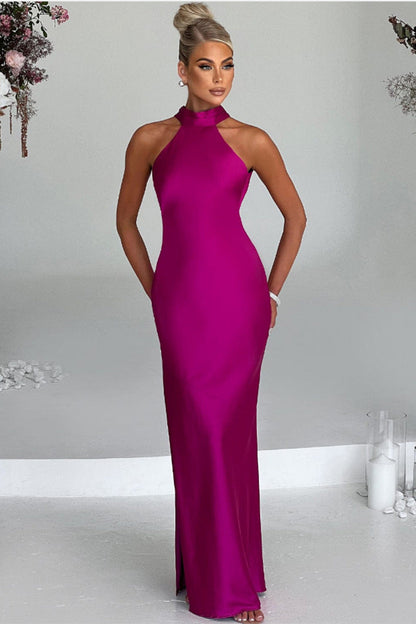 ZEYNEP | Elegante vestido largo de satén con escote halter
