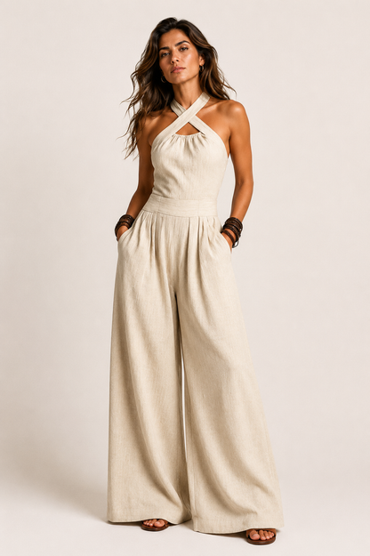 Blanca™ | Mono de lino y algodón con elegante escote cruzado
