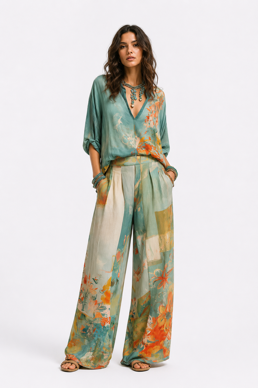Aitana™ | Elegante conjunto con estampado floral y pantalones anchos