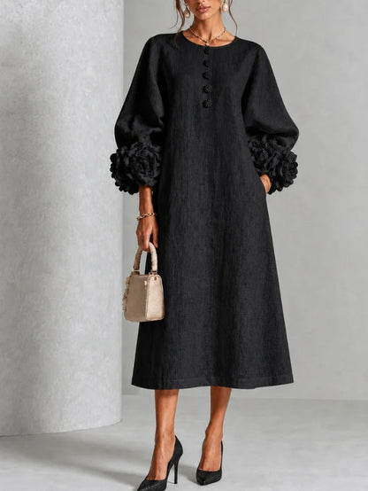 Valeria – Vestido midi con mangas de rosetas