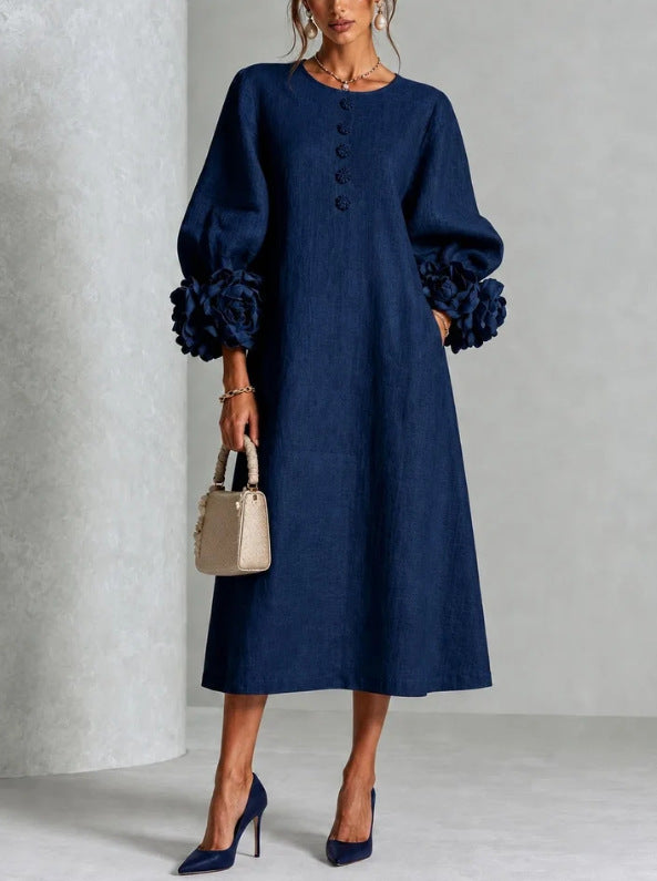 Valeria – Vestido midi con mangas de rosetas