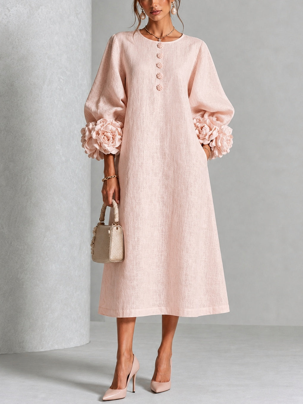 Valeria – Vestido midi con mangas de rosetas