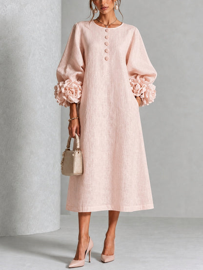 Valeria – Vestido midi con mangas de rosetas