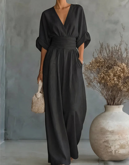 Daniela I Mono elegante de escote en V y pierna ancha
