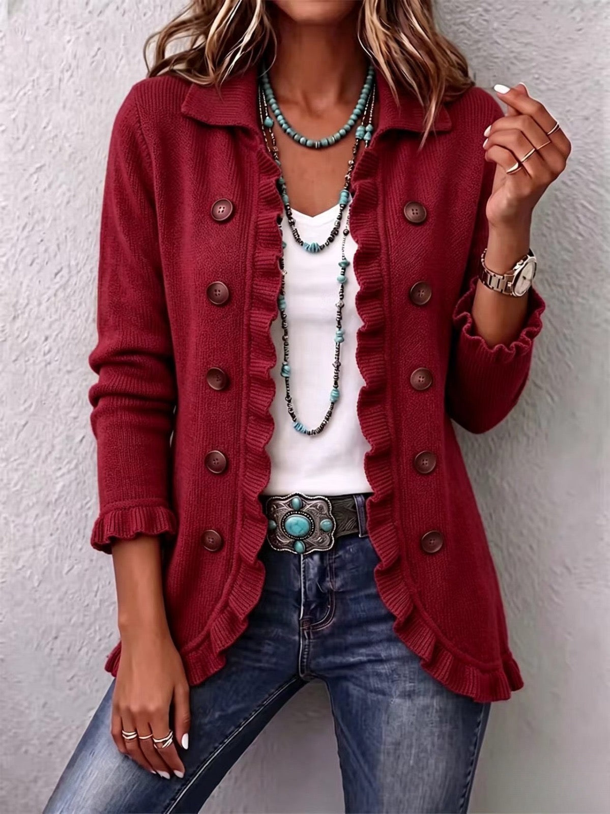 Pilar | Chaqueta de Canalé Rojo Rubí con Volantes
