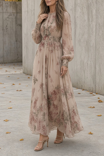 Luna – Vestido largo de flores con manga larga