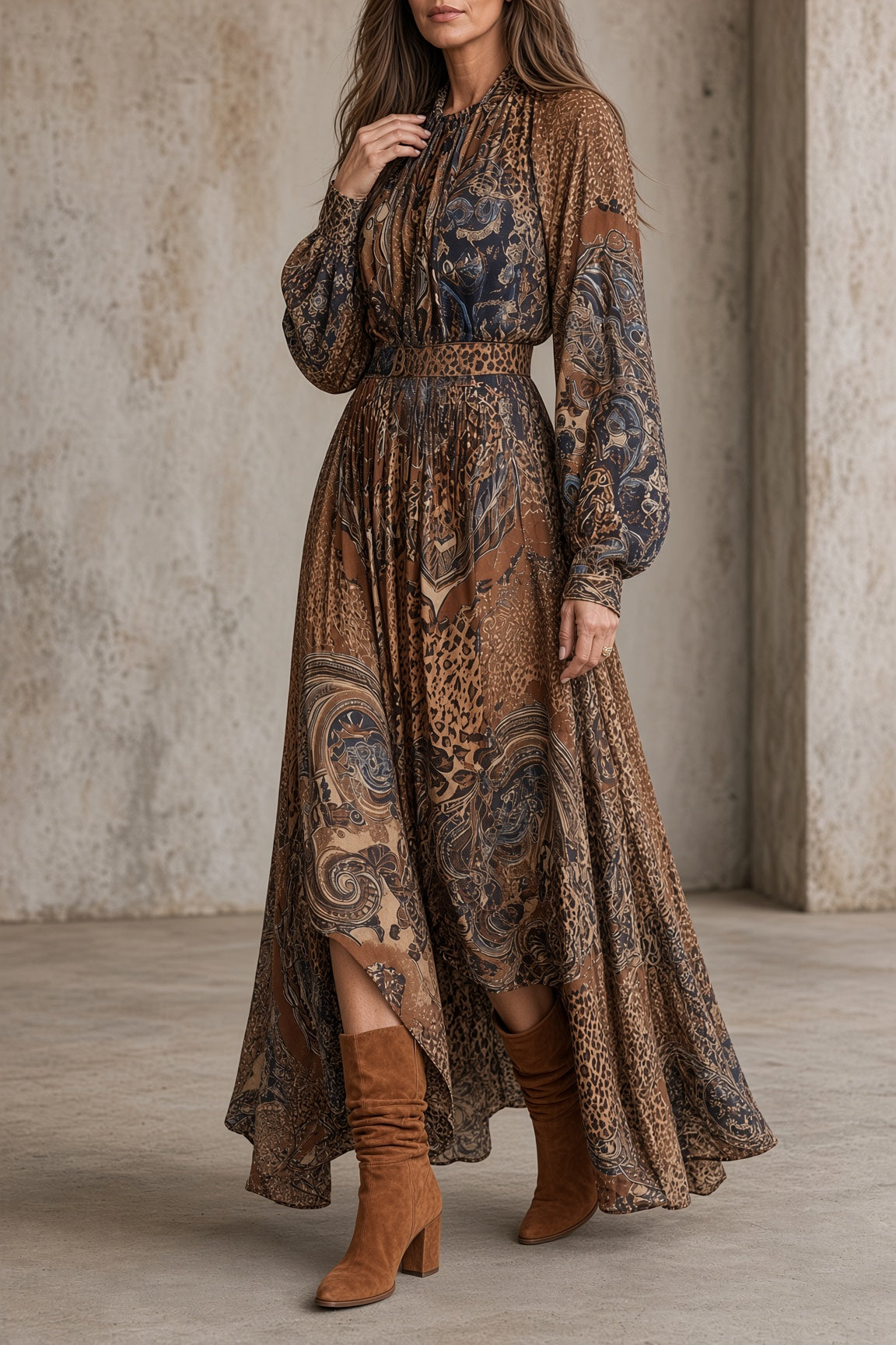 Noelia – Vestido largo vintage estampado con mangas abullonadas