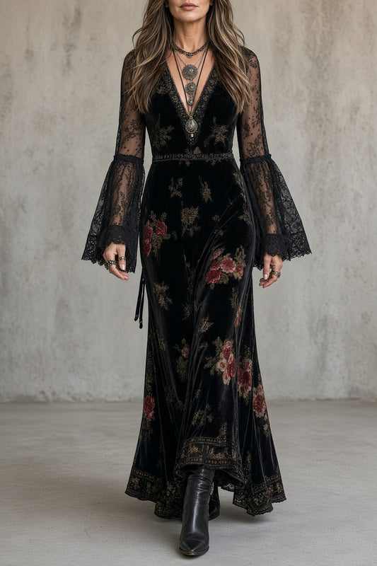 Natalia – Vestido largo de terciopelo floral con mangas de encaje