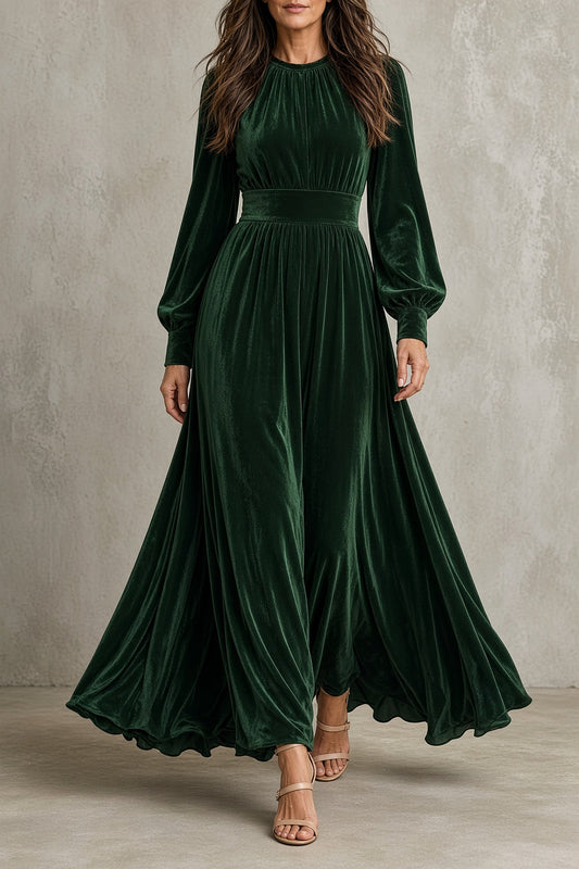 Elena – Vestido largo de terciopelo con cuerpo fruncido