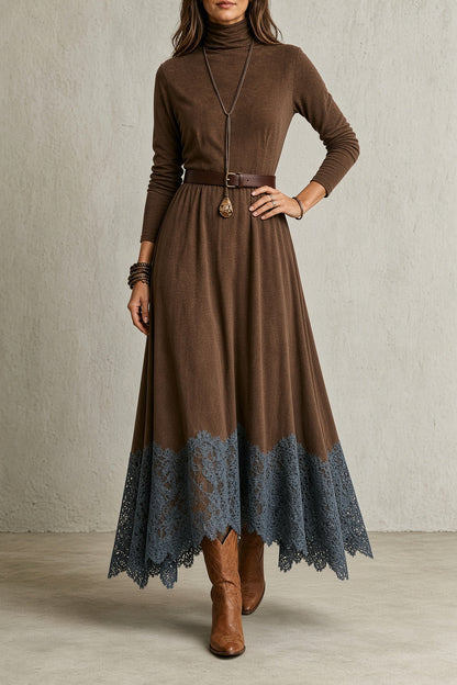 Sara – Vestido largo vintage de cuello alto con bajo de encaje