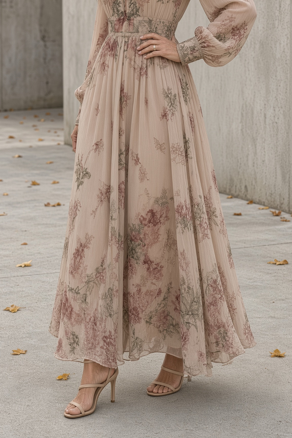 Luna – Vestido largo de flores con manga larga