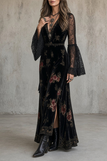 Natalia – Vestido largo de terciopelo floral con mangas de encaje