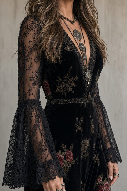 Natalia – Vestido largo de terciopelo floral con mangas de encaje