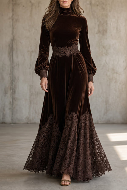 Mónica – Vestido largo de terciopelo con detalles de encaje