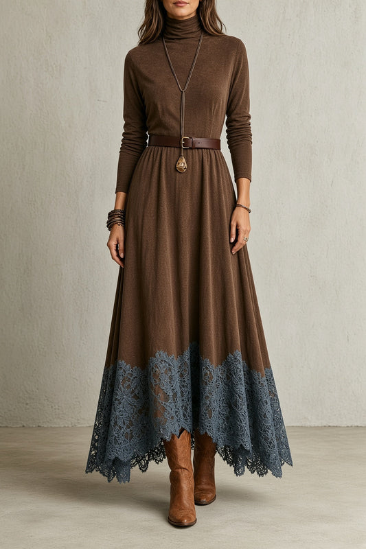 Sara – Vestido largo vintage de cuello alto con bajo de encaje