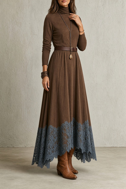 Sara – Vestido largo vintage de cuello alto con bajo de encaje