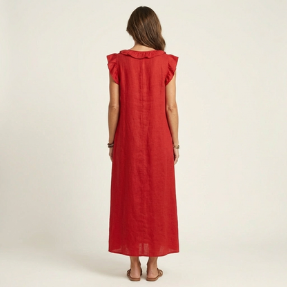 Marisol | Vestido largo de lino con cuello en V y volantes