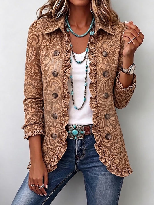 Nuria | Chaqueta Bohemia Floral Vintage Marrón con Volantes