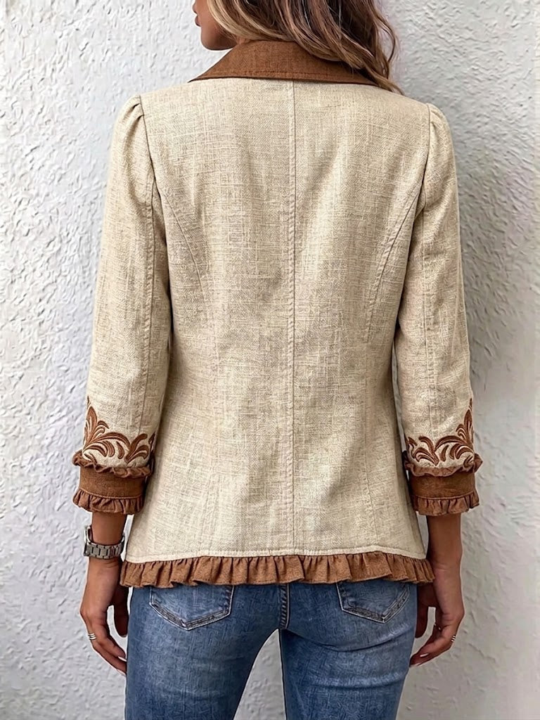 Rocío | Chaqueta Bohemia Floral Vintage Camel y Marrón con Volantes