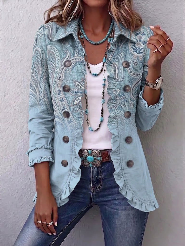 Raquel | Chaqueta Paisley Vintage Azul Cielo con Volantes