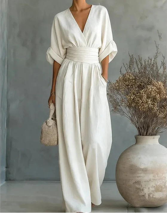 Daniela I Mono elegante de escote en V y pierna ancha