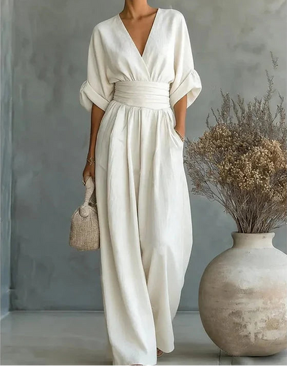 Daniela I Mono elegante de escote en V y pierna ancha