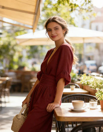 Daniela I Mono elegante de escote en V y pierna ancha
