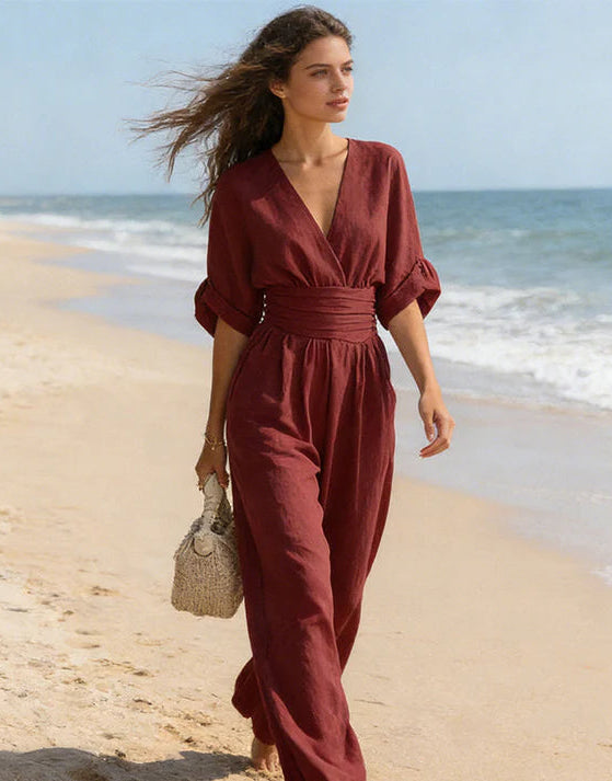 Daniela I Mono elegante de escote en V y pierna ancha